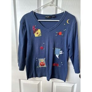 ONQUE Casuals Vintage Halloween Ghosts-Bats Orange Embellished Top Sz L‎